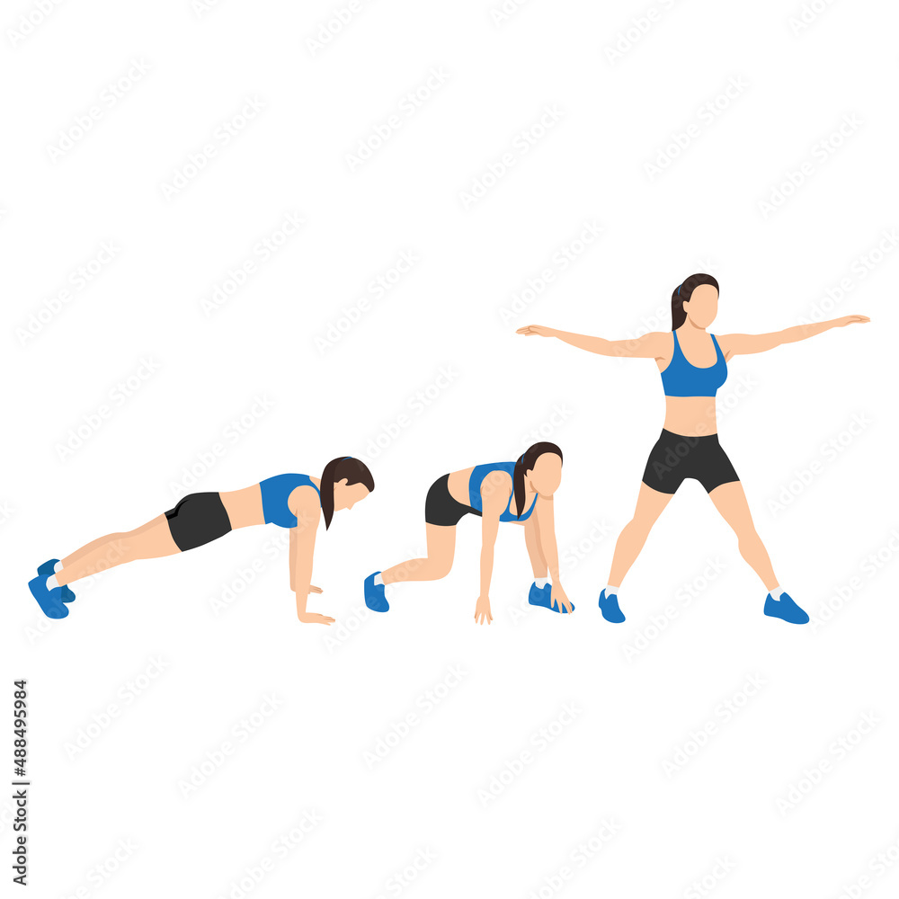 Woman doing Surfer burpees exercise. Flat vector illustration isolated on white background Woman doing Surfer burpees exercise. Flat vector illustration isolated on white background