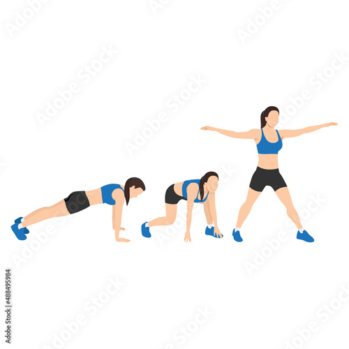 Woman doing Surfer burpees exercise. Flat vector illustration isolated on white background