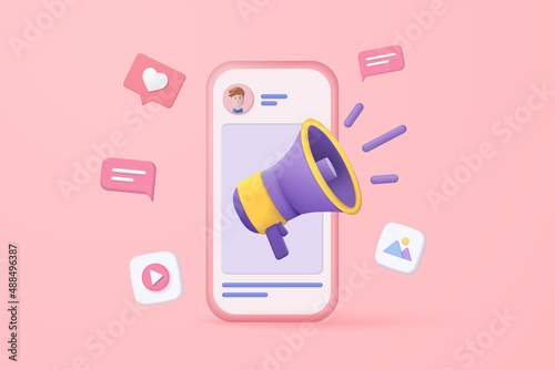 3d megaphone speaker or loudspeaker bullhorn for announce promotion, megaphone loudhailer with microphone mockup , speakerphone 3d vector render for alert and announcement on isolate purple background