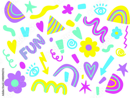 Cute doodle rainbow, flower, scribbles clip art set. Modern vector illustrations. Flat cartoon clipart design in violet, yellow and mint green colors.