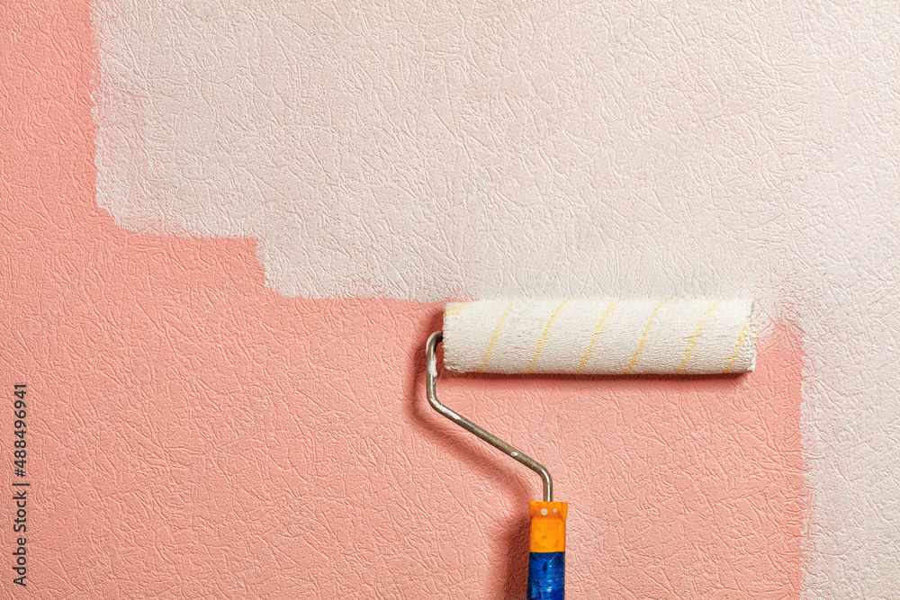 Fototapeta premium A paint roller paints a coral colored wall with white paint. Close-up.