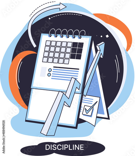 Discipline concept icon. Time management. Working day idea with calendar. Daily affairs in schedule, indicators of time for work, hobby, study. Fulfillment of planned plans according to regulations