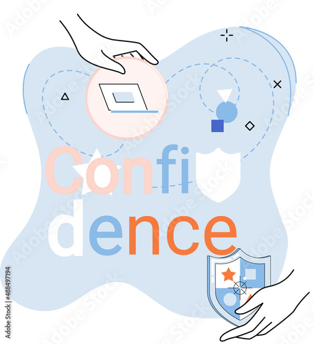 Confidence concept. Person has private conversation metaphor. Confidential communication. Trust property, reassuring partnerships, conviction. Protection of intellectual property. Confidential data