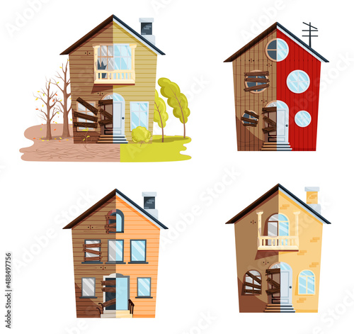 Home renovation, house before and after repair. New and old suburban cottage. Remodel construction. Old run-down house remodeled into cute traditional suburban cottage. Building maintenance service