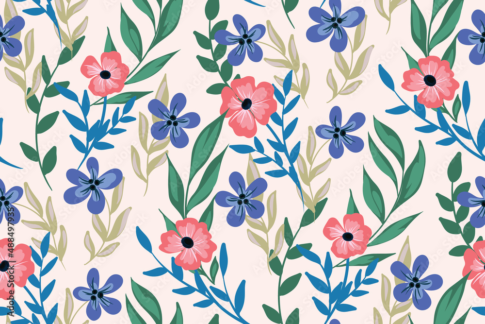 Foto auf Acrylglas mit Nahtloses Muster mit Wildblumen, Kräutern, Blättern auf hellem Hintergrund. Zarter Blumendruck mit pastellfarbenen Pflanzen. Sanftes Blumenmusterdesign. Vektor-Illustration. #488497935