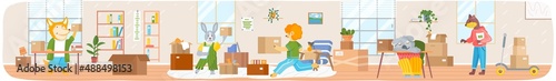 Wild and domestic animal moving to new house put things in cardboard boxes, change of place of residence. Moving to new home, relocation. Lion and hare settle down in apartment and decorate interior