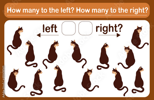 A logic game for kids called Left or right. Spatial orientation with cats. Training sheet. Count how many cats are turned left and how many are turned right.