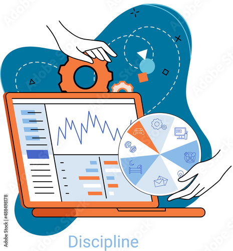 Daily schedule metaphor, daily affairs person, discipline indicators time for rest, work, sleep, food. Scheduling activities for day, time management, distribution of tasks, circle sectors occupation