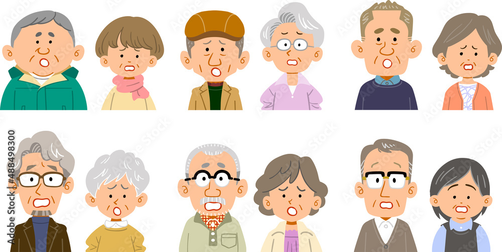 6種類のシニア夫婦の表情と上半身 困る
6種類のシニア夫婦の表情と上半身 困る