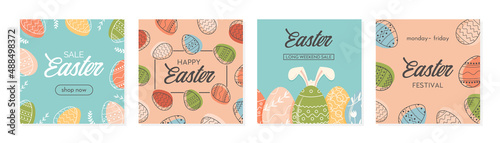Happy Easter set of sale banners, greeting cards, posters, holiday covers or social media post. Trendy Easter square abstract templates. Modern art in minimalist style. Vector illustration.