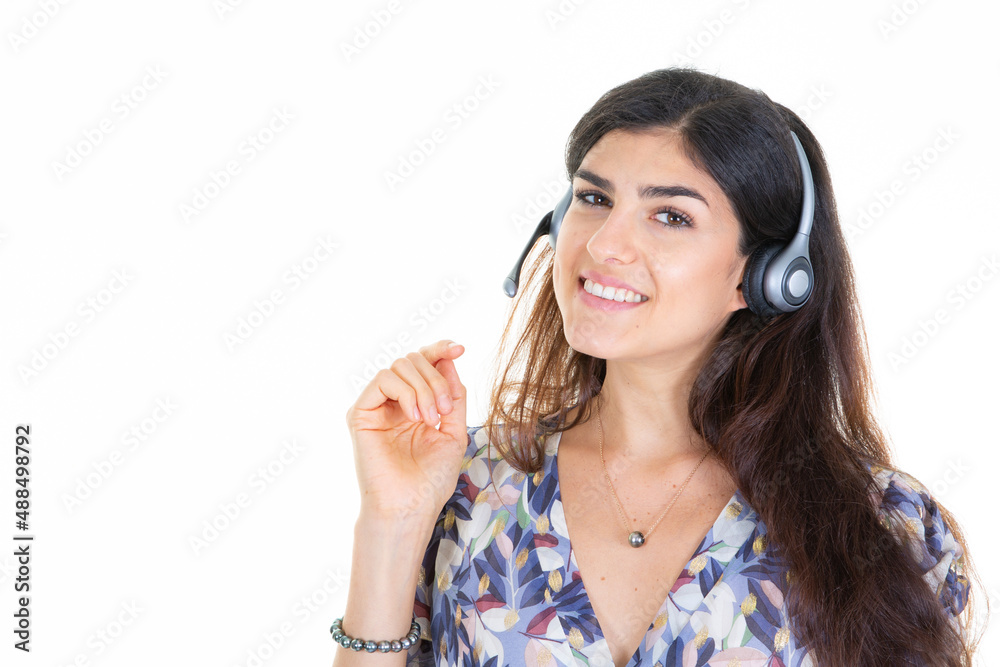 smiling woman happy call center consultant woman with headset phone in white background smiling woman happy call center consultant woman with headset phone in white background