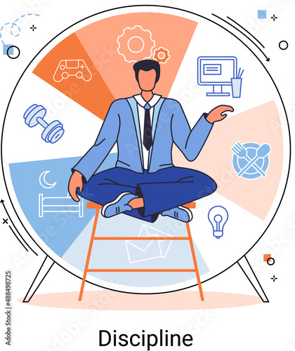 Daily schedule metaphor, daily affairs person, discipline indicators time for rest, work, sleep, food. Scheduling activities for day, time management, distribution of tasks, circle sectors occupation