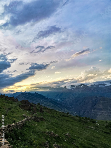 Panoramic view of the mountains from the ancient village of Goor. Russia, Dagestan 2021