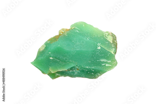 Closeup natural rough Chrysoprase (Chrysophrase/Chrysoprasus) a gemstone variety of chalcedony on white background 