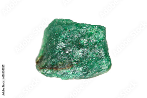 Closeup natural rough green Aventurine gemstone with an optical reflectance effect (aventurescence) on white background (shallow dof) 