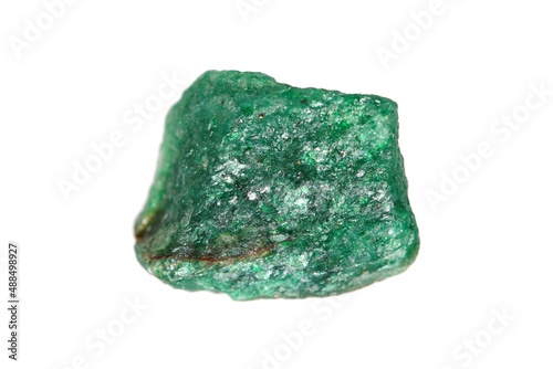 Closeup natural rough green Aventurine gemstone with an optical reflectance effect (aventurescence) on white background (shallow dof)  photo