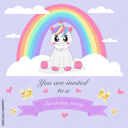 Birthday card with unicorn sitting on the cloud with rainbow behind the back.	