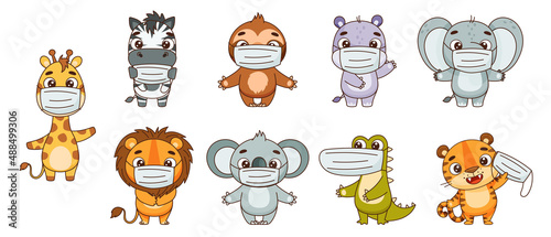 Set kids tropical animals wear medical masks. Hippo, lion, elephant, giraffe, crocodile, zebra, sloth, tiger, koala. Vector illustration for designs, prints, patterns. Isolated on white background