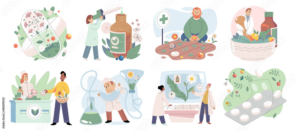 Naklejka premium Herbal pharmacist character or alternative medicine doctor offer herbal medications to patient scenes set. Natural pharmaceutical production. Organic natural homeopathic pills. Homeopathy treatment