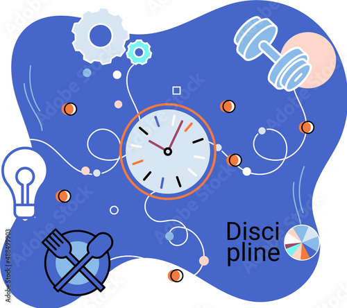 Discipline concept icon. Time management. Working day idea metaphor. Daily affairs of person  indicators of time for work  hobby  study  rest. Fulfillment of planned plans according to regulations