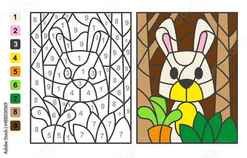 Color by numbers bunny Animal. Puzzle game for children education, colors for drawing and learning mathematics