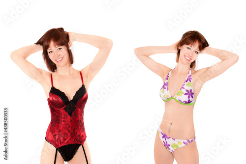 Two portraits of a young slim woman wearing colorful bikini and lingerie, isolated in front of white studio background
