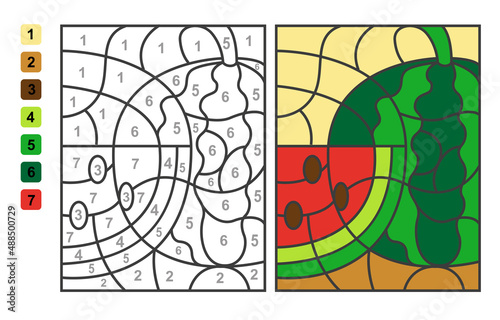 Color by numbers watermelon slice. Puzzle game for children education, colors for drawing and learning mathematics