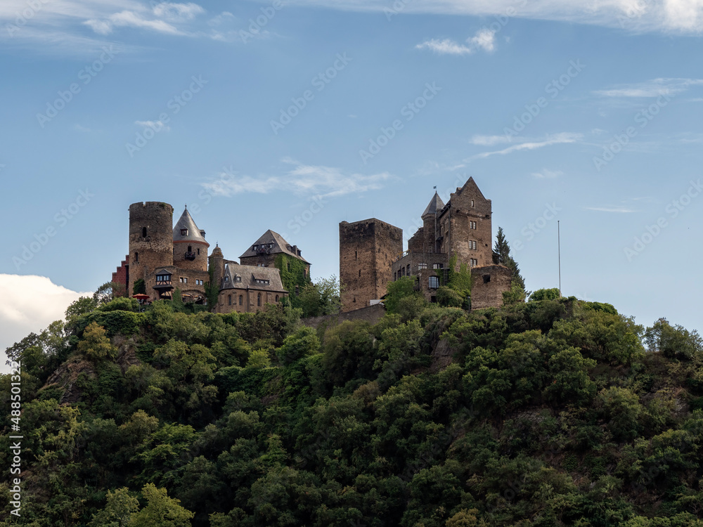 The Schönburg Castle as seen from the Rhine River