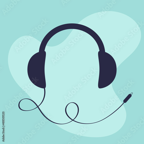 Black headphones earphones with cord cable plug. Music banner. Headset icon. Headphone speaker. Greeting Card. Flat design. Blue background. Isolated.