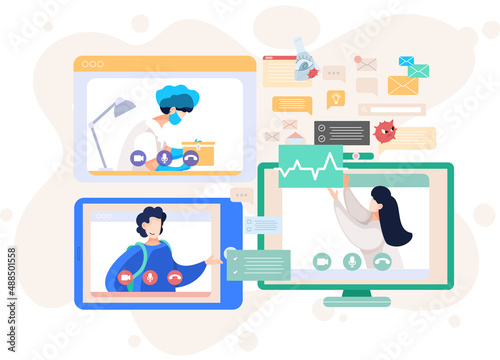 Telemedicine and online doctor consultation with healthcare icons and medical worker on smartphone display. Laboratory research, analyzes, health care application. Doctor appointment, pharmacy app