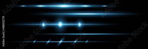 Blue horizontal lens flares pack. Laser beams  horizontal light rays.Beautiful light flares. Glowing streaks on dark background. Luminous abstract sparkling lined background.