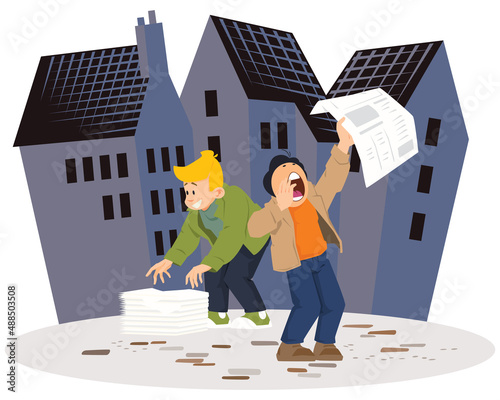 Guy Selling Newspapers. Illustration for internet and mobile website.