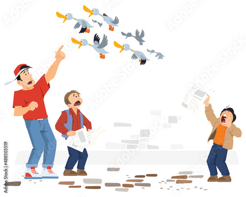 Newsboy spreads gossip and fake news. Illustration for internet and mobile website.