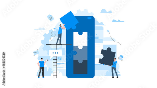 Animation ready duik friendly vector Illustration. Conceptual business story. Puzzle connection, teamwork abstract metaphor, partnership, collaboration, solving problem, effective business solution.
