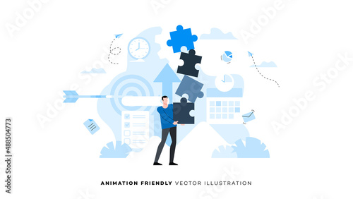 A person is trying to hold a stack of puzzles in his hands, balancing like a tightrope walker. Animation ready duik friendly vector Illustration. Conceptual business story. Puzzle connection.