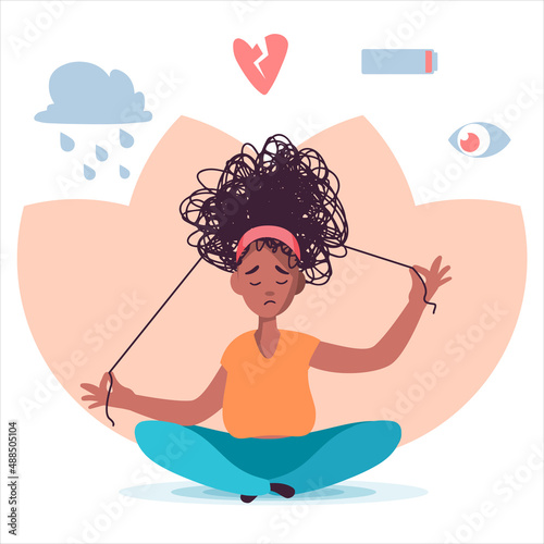 Depressed girl under social pressure vector concept. Sad girl sit on the flow in yoga pose. Woman suffers from mental depression surrounded be symptoms: anxiety, breaker heart, loss, low energy, tired
