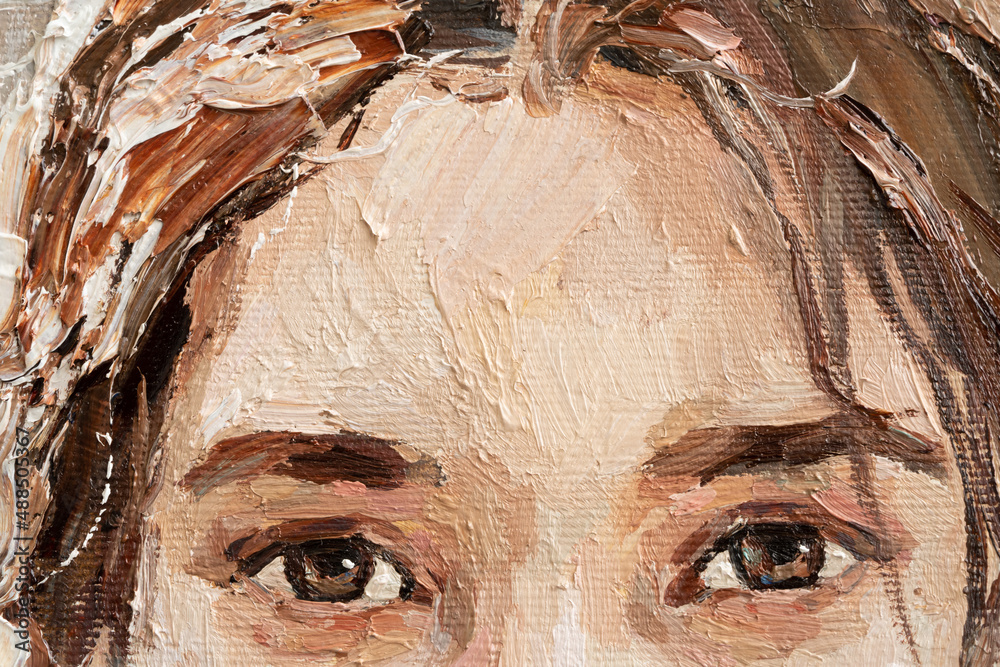 ..The painting is created in oil with expressive brush strokes. A young girl is depicted on a beige background...