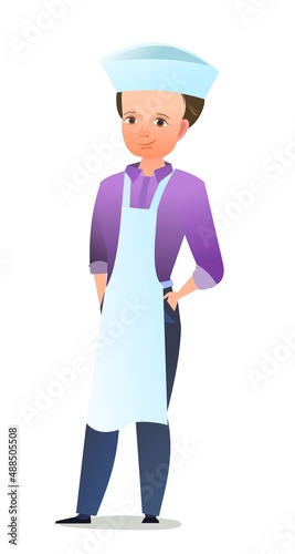 Male cook in overalls. Little boy from kitchen in an apron. Cheerful person. Standing pose. Cartoon comic style flat design. Single character. Illustration isolated on white background. Vector