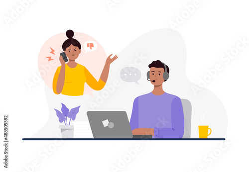 An Indian man from a call center can not dealing with a customer problem. Online technical support 24 7. Customer support department staff, telemarketing agents. Vector flat illustration. photo