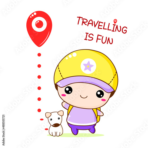 Cute traveler friends boy and dog with pin map. Two little travellers. Inscription Travelling is fun. Can be used for kids room poster, print, t-shirt design. Vector illustration EPS8