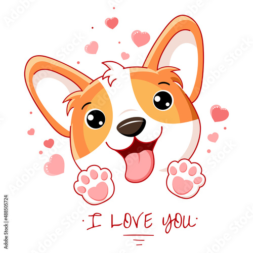 Cute Valentine card in kawaii style. Lovely little corgi puppy with pink hearts. Inscription I love you. Can be used for t-shirt print, stickers, greeting card design. Vector illustration EPS8