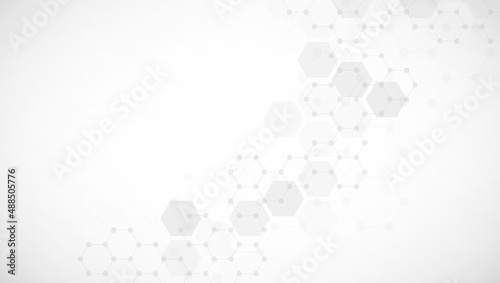 Hexagons pattern on gray background. Genetic research, molecular structure. Chemical engineering. Concept of innovation technology. Used for design healthcare, science and medicine background