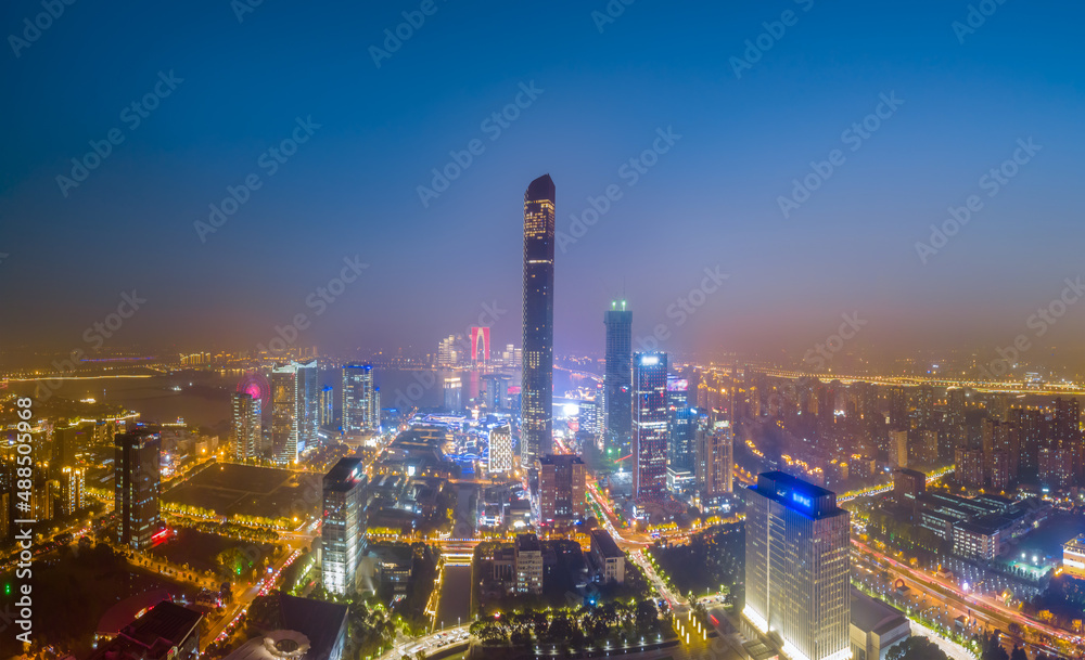 Fototapeta premium Aerial photography night view of Suzhou East Lake International Financial Center