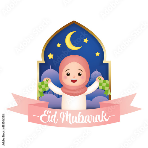 Cute muslim girl celebrates Eid Mubarak with ketupat. Realistic vector cartoon design