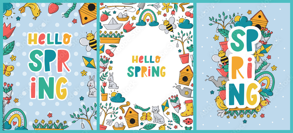 set of 3 Spring greeting cards, posters, prints decorated with lettering quotes and doodles. Good for easter templates, invitations, banners, etc. EPS 10