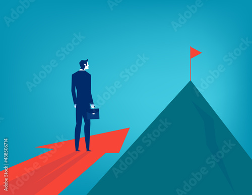 Business people standing on big arrow pointing on mountain peak. Business vector illustration concept