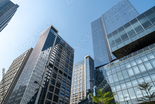 Close-up of exterior facades and buildings of skyscrapers in financial district outdoor