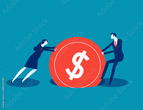 Two business work hard to pull out coin stuck in the hole. Business financial concept