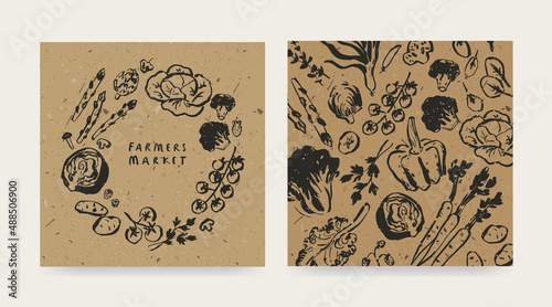Farmers market design template, drawings of vegetables, agricultural fair invitation, recycled paper effect