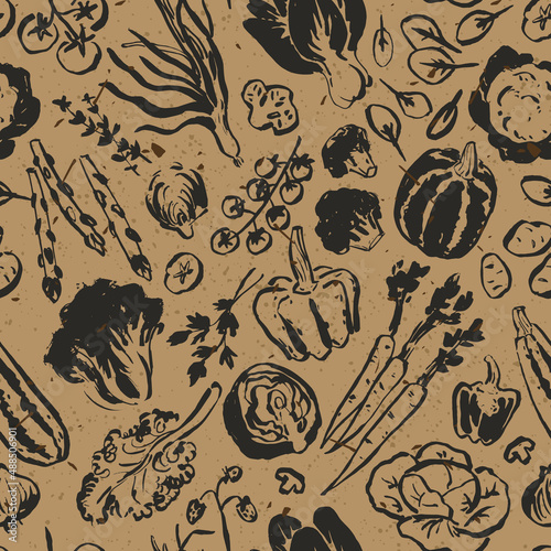 Drawing of vegetables, seamless hand drawn doodle pattern, illustration for cook book backgrounds, cards, posters, banners, textile prints, web design, recycled paper effect